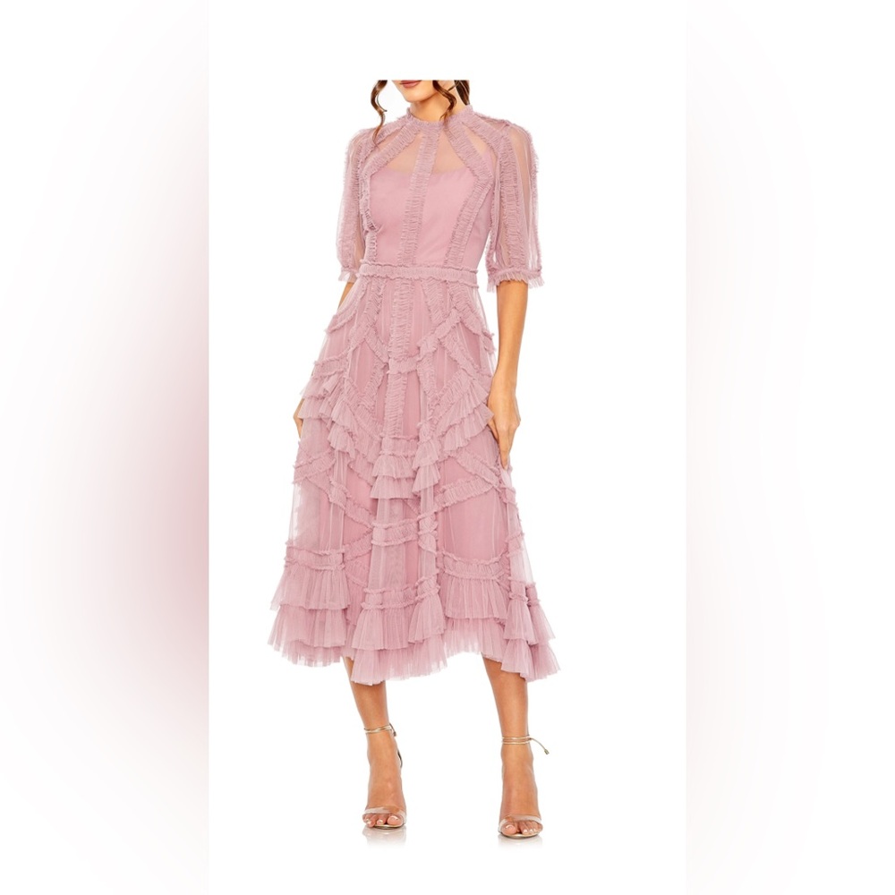 Mac Duggal Puff sleeve ruffle Tulle Midi Dress